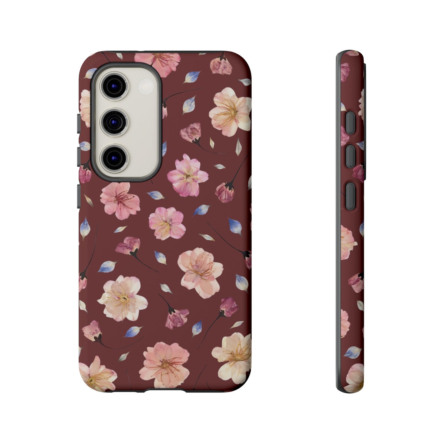 Coque Téléphone Samsung, iPhone & Google Pixel Renforcée Mate – Design Floral Fleurs de Cerisier sur Fond Bordeaux | Protection Antichoc | Idée Cadeau Pour Elle