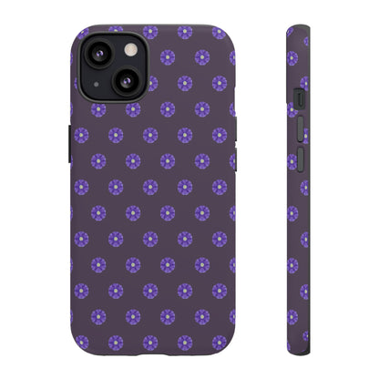 Coque Téléphone Samsung, iPhone & Google Pixel Renforcée Mate – Design Floral Epuré Fleurs de Primevère sur Fond Couleur Prune| Protection Antichoc | Idée Cadeau Femme