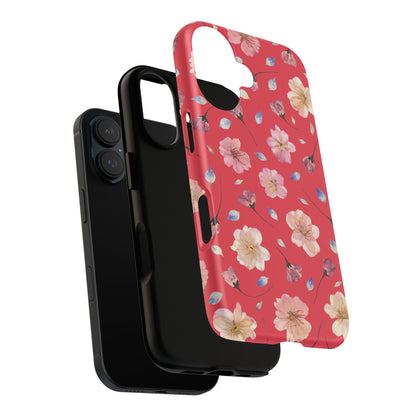 Coque Téléphone Samsung, iPhone & Google Pixel Renforcée Mate – Design Floral Fleurs de Cerisier sur Fond Rouge Féminin | Protection Antichoc | Idée Cadeau Femme