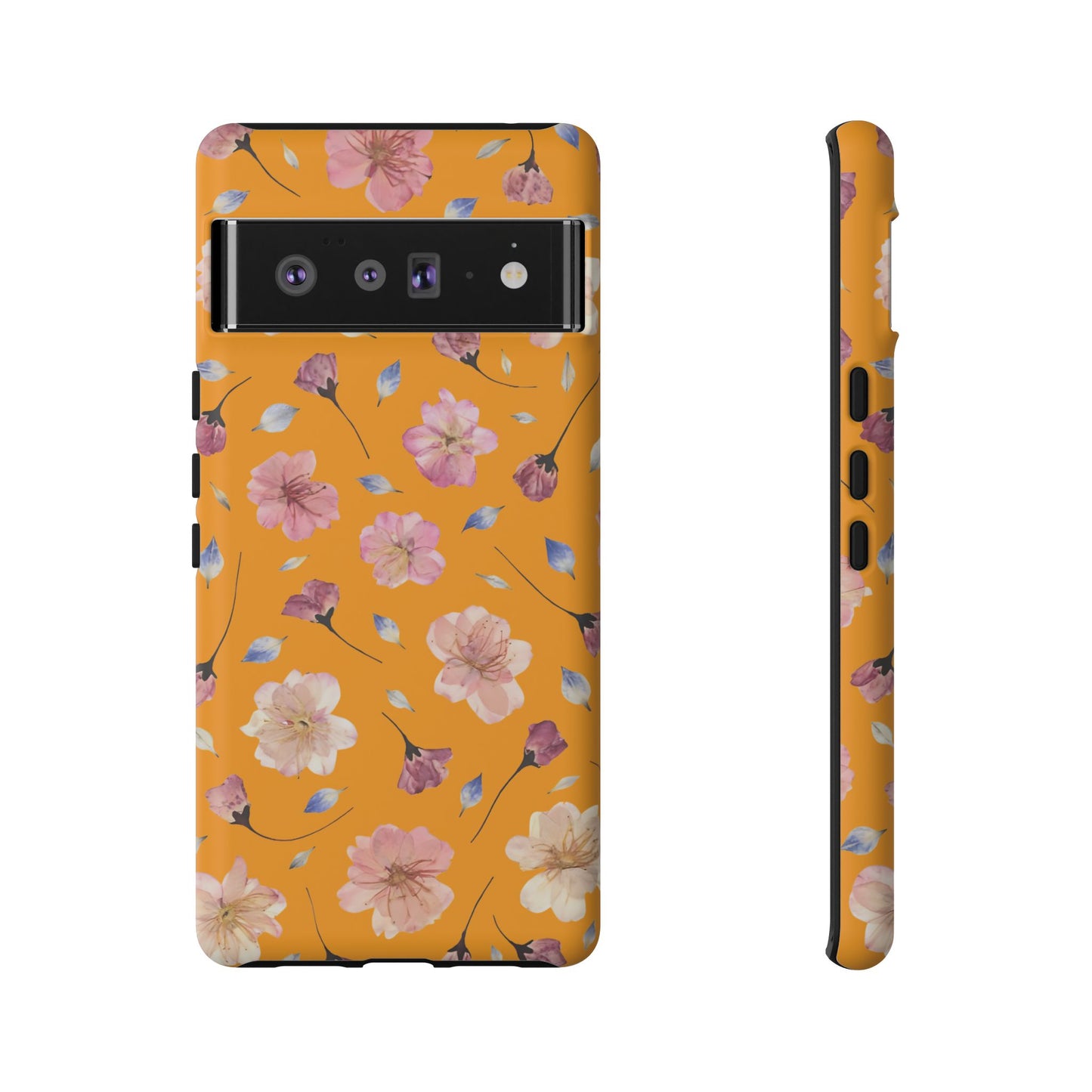 Coque Téléphone Samsung, iPhone & Google Pixel Renforcée Mate – Design Floral Fleurs de Cerisier sur Fond Couleur Curcuma| Protection Antichoc | Idée Cadeau Femme