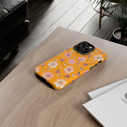 Coque Téléphone Samsung, iPhone & Google Pixel Renforcée Mate – Design Floral Fleurs de Cerisier sur Fond Couleur Curcuma| Protection Antichoc | Idée Cadeau Femme