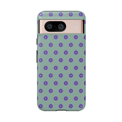 Coque Téléphone Samsung, iPhone & Google Pixel Renforcée Mate – Design Floral Epuré Fleurs de Primevère sur Fond Vert Eucalyptus | Protection Antichoc | Idée Cadeau Anniverssaire