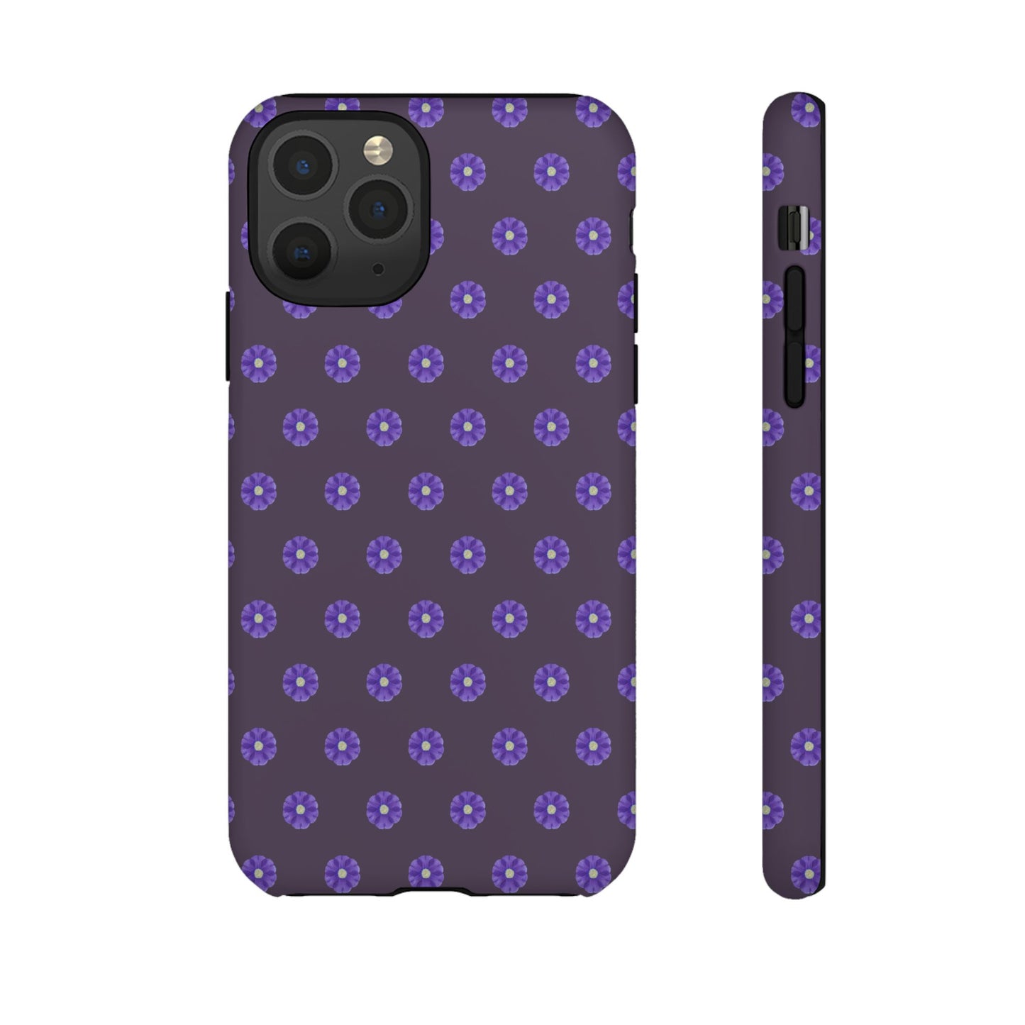 Coque Téléphone Samsung, iPhone & Google Pixel Renforcée Mate – Design Floral Epuré Fleurs de Primevère sur Fond Couleur Prune| Protection Antichoc | Idée Cadeau Femme
