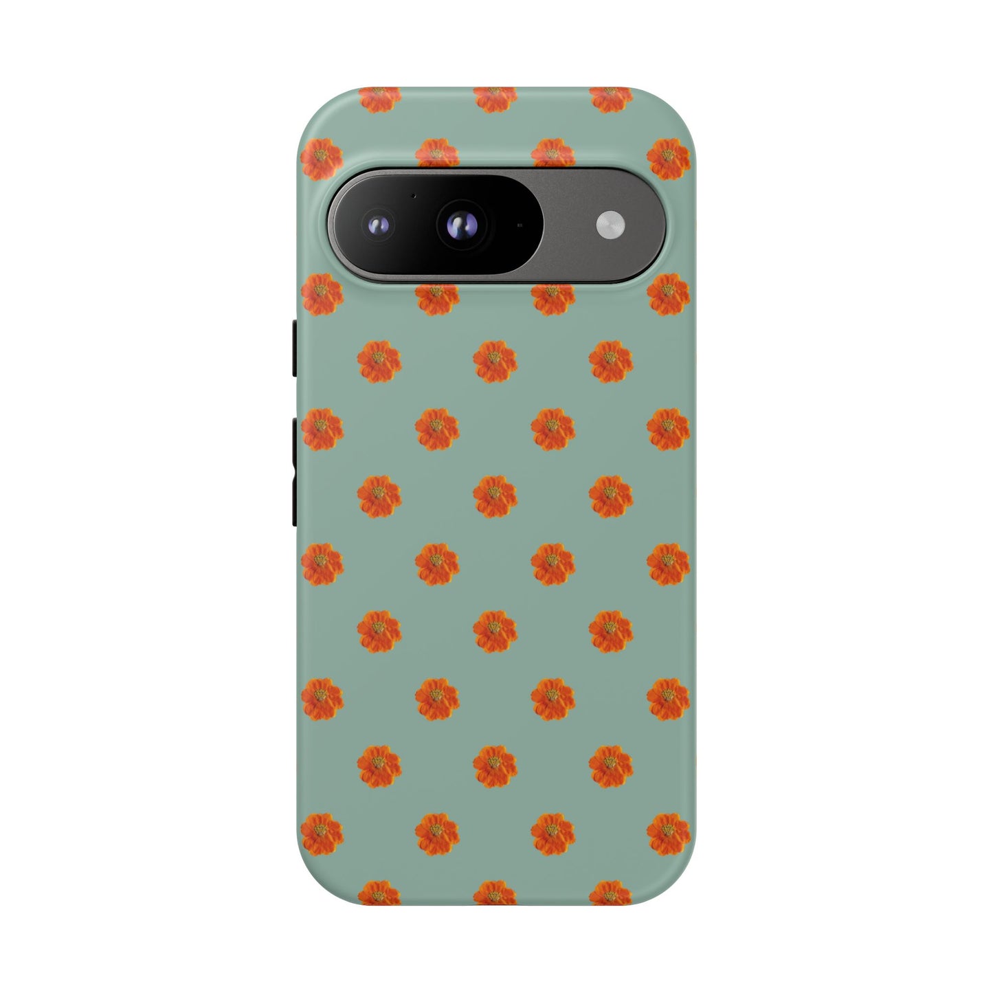 Coque Téléphone Samsung, iPhone & Google Pixel Renforcée Mate – Design Floral Epuré Fleurs de Cosmos Orange sur Fond Vert Eucalyptus | Protection Antichoc | Idée Cadeau Femme