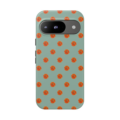 Coque Téléphone Samsung, iPhone & Google Pixel Renforcée Mate – Design Floral Epuré Fleurs de Cosmos Orange sur Fond Vert Eucalyptus | Protection Antichoc | Idée Cadeau Femme