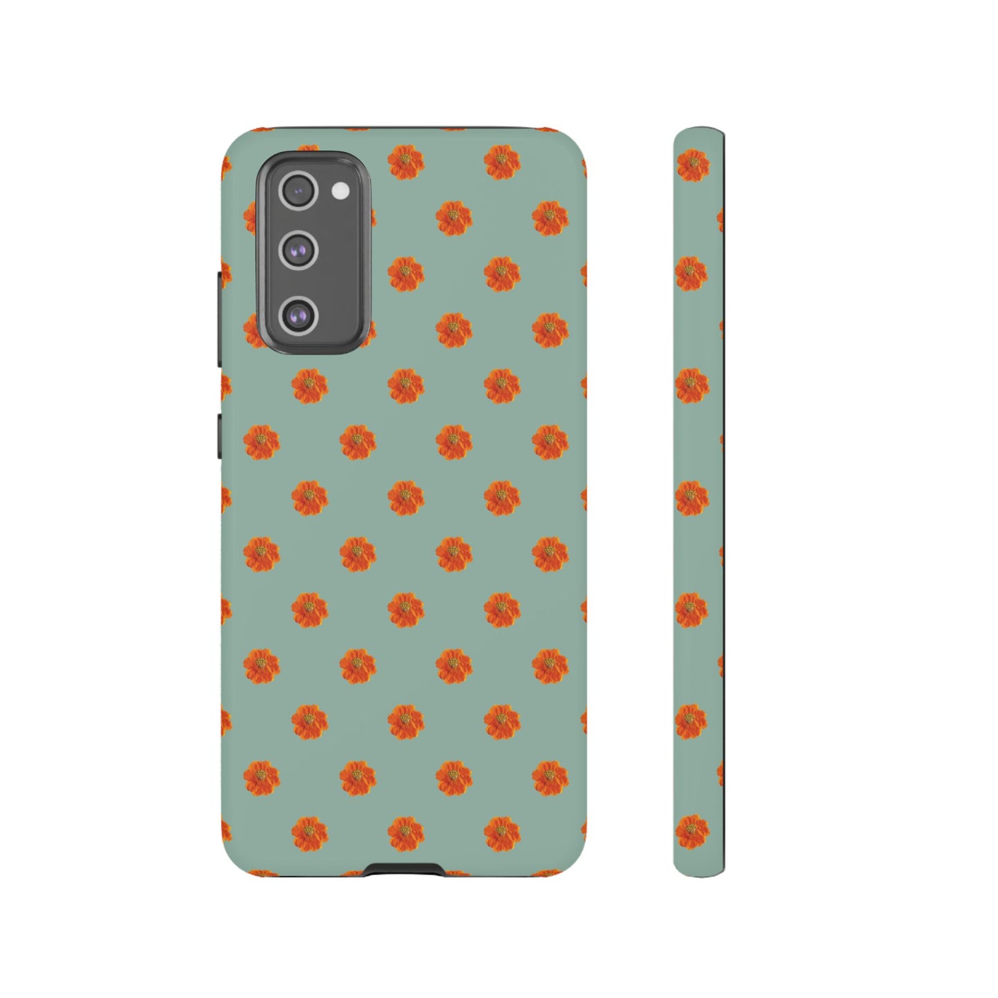 Coque Téléphone Samsung, iPhone & Google Pixel Renforcée Mate – Design Floral Epuré Fleurs de Cosmos Orange sur Fond Vert Eucalyptus | Protection Antichoc | Idée Cadeau Femme