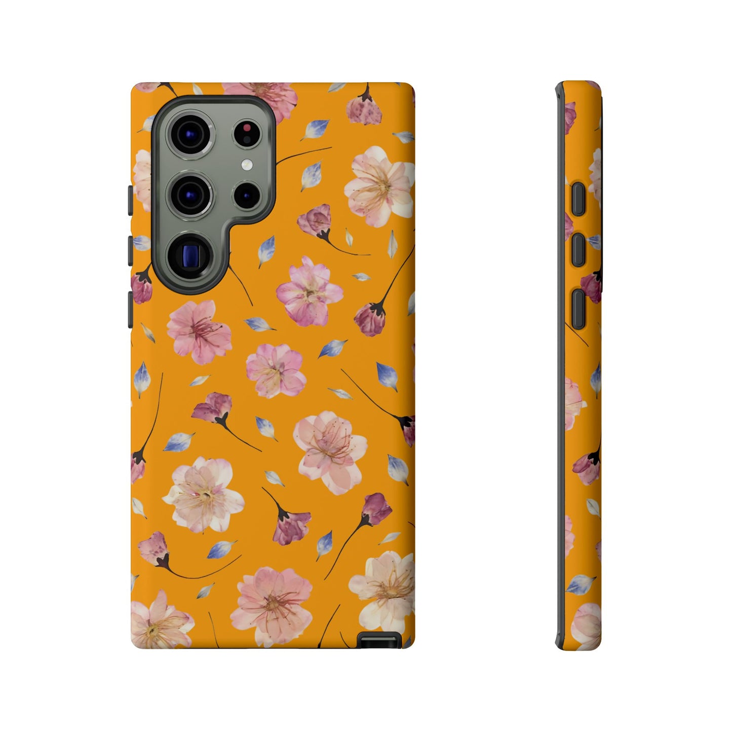 Coque Téléphone Samsung, iPhone & Google Pixel Renforcée Mate – Design Floral Fleurs de Cerisier sur Fond Couleur Curcuma| Protection Antichoc | Idée Cadeau Femme