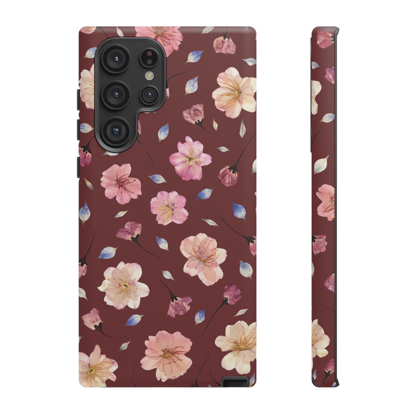 Coque Téléphone Samsung, iPhone & Google Pixel Renforcée Mate – Design Floral Fleurs de Cerisier sur Fond Bordeaux | Protection Antichoc | Idée Cadeau Pour Elle