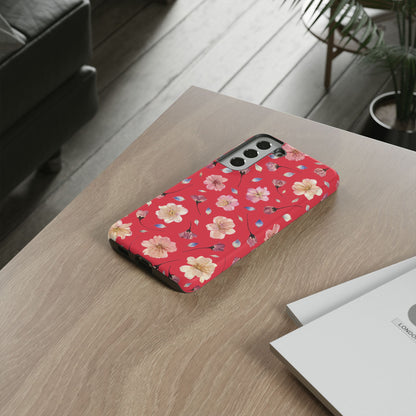 Coque Téléphone Samsung, iPhone & Google Pixel Renforcée Mate – Design Floral Fleurs de Cerisier sur Fond Rouge Féminin | Protection Antichoc | Idée Cadeau Femme