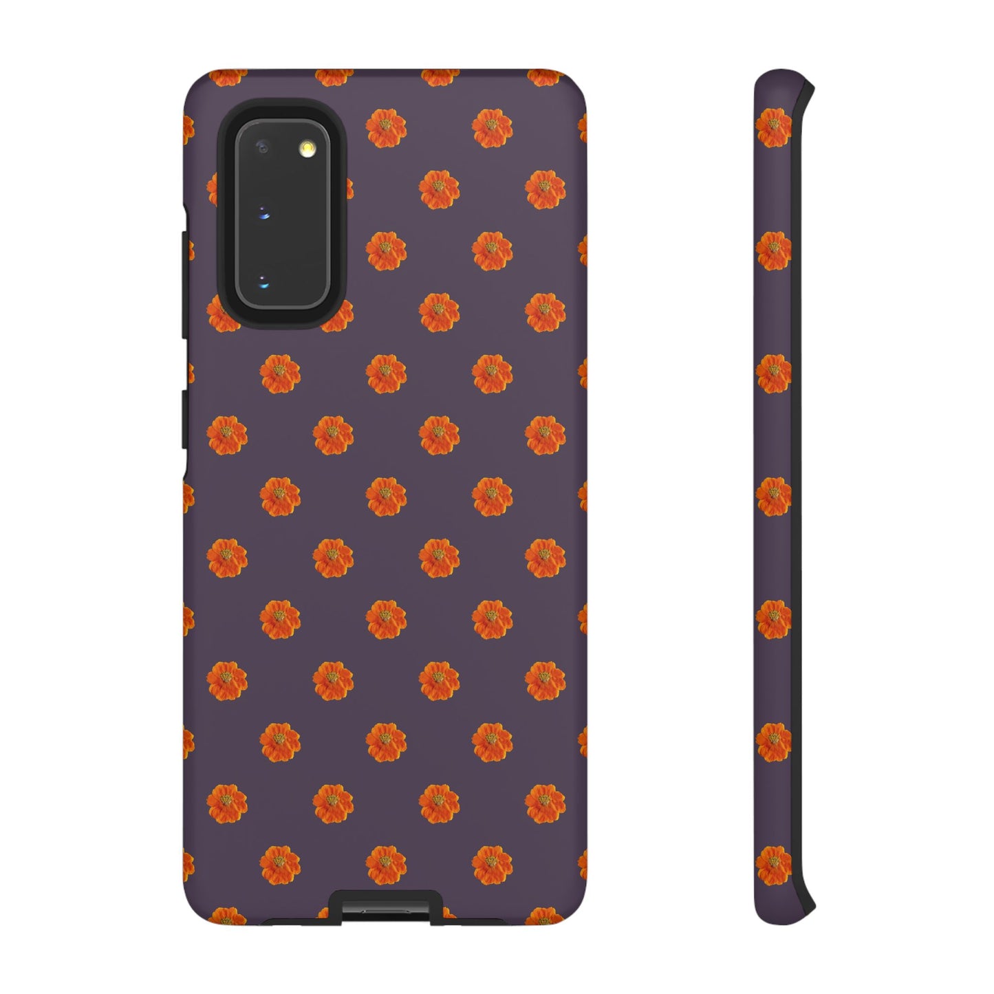 Coque Téléphone Samsung, iPhone & Google Pixel Renforcée Mate – Design Floral Epuré Fleurs de Cosmos Orange sur Fond Couleur Prune | Protection Antichoc | Idée Cadeau Femme