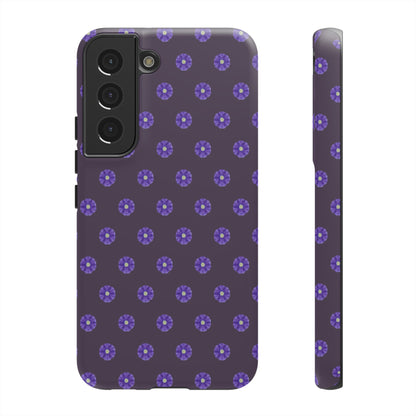 Coque Téléphone Samsung, iPhone & Google Pixel Renforcée Mate – Design Floral Epuré Fleurs de Primevère sur Fond Couleur Prune| Protection Antichoc | Idée Cadeau Femme