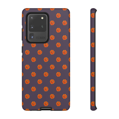 Coque Téléphone Samsung, iPhone & Google Pixel Renforcée Mate – Design Floral Epuré Fleurs de Cosmos Orange sur Fond Couleur Prune | Protection Antichoc | Idée Cadeau Femme