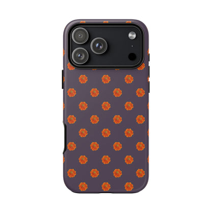 Coque Téléphone Samsung, iPhone & Google Pixel Renforcée Mate – Design Floral Epuré Fleurs de Cosmos Orange sur Fond Couleur Prune | Protection Antichoc | Idée Cadeau Femme