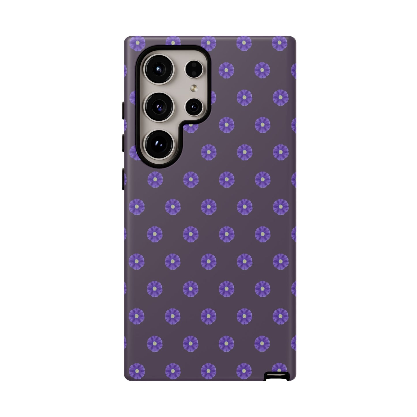 Coque Téléphone Samsung, iPhone & Google Pixel Renforcée Mate – Design Floral Epuré Fleurs de Primevère sur Fond Couleur Prune| Protection Antichoc | Idée Cadeau Femme
