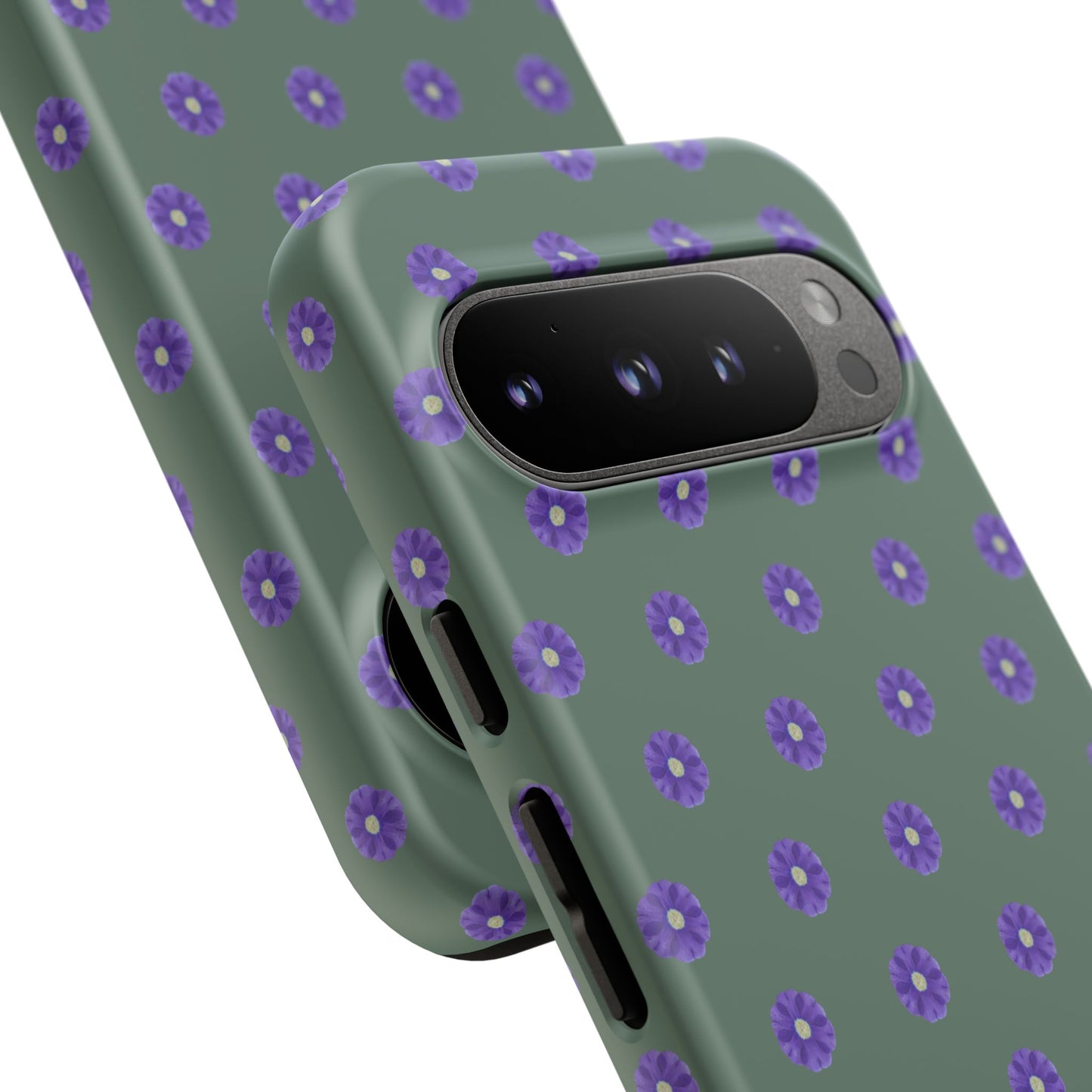 Coque Téléphone Samsung, iPhone & Google Pixel Renforcée Mate – Design Floral Epuré Fleurs de Primevère sur Fond Vert Minéral | Protection Antichoc | Idée Cadeau Femme