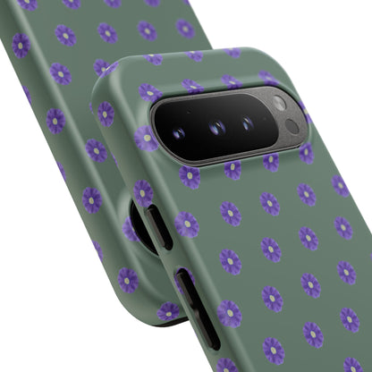 Coque Téléphone Samsung, iPhone & Google Pixel Renforcée Mate – Design Floral Epuré Fleurs de Primevère sur Fond Vert Minéral | Protection Antichoc | Idée Cadeau Femme