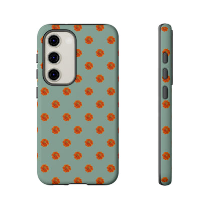 Coque Téléphone Samsung, iPhone & Google Pixel Renforcée Mate – Design Floral Epuré Fleurs de Cosmos Orange sur Fond Vert Eucalyptus | Protection Antichoc | Idée Cadeau Femme