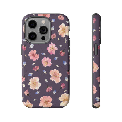 Coque Téléphone Samsung, iPhone & Google Pixel Renforcée Mate – Design Floral Fleurs de Cerisier sur Fond Couleur Prune | Protection Antichoc | Idée Cadeau Femme