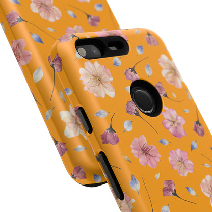 Coque Téléphone Samsung, iPhone & Google Pixel Renforcée Mate – Design Floral Fleurs de Cerisier sur Fond Couleur Curcuma| Protection Antichoc | Idée Cadeau Femme