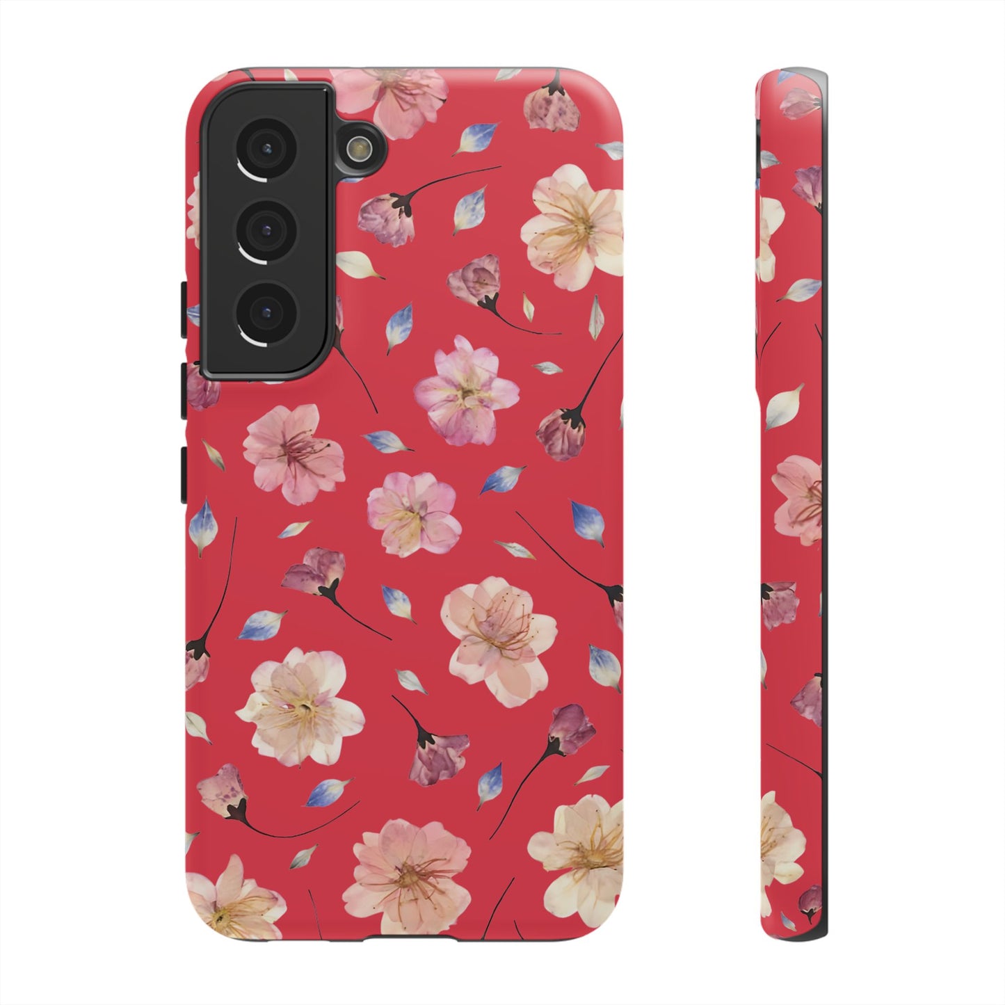 Coque Téléphone Samsung, iPhone & Google Pixel Renforcée Mate – Design Floral Fleurs de Cerisier sur Fond Rouge Féminin | Protection Antichoc | Idée Cadeau Femme