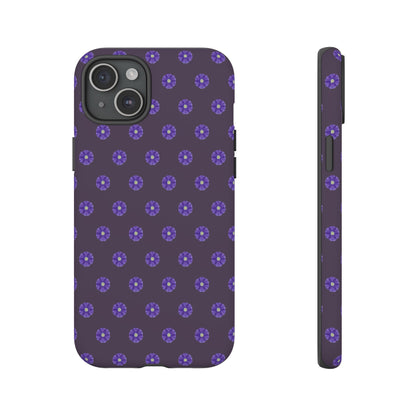 Coque Téléphone Samsung, iPhone & Google Pixel Renforcée Mate – Design Floral Epuré Fleurs de Primevère sur Fond Couleur Prune| Protection Antichoc | Idée Cadeau Femme