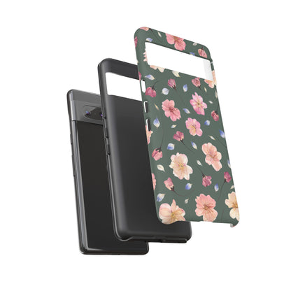 Coque Téléphone Samsung, iPhone & Google Pixel Renforcée Mate – Design Floral Fleurs de Cerisier sur Fond Verte Minéral | Protection Antichoc | Idée Cadeau Femme
