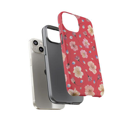 Coque Téléphone Samsung, iPhone & Google Pixel Renforcée Mate – Design Floral Fleurs de Cerisier sur Fond Rouge Féminin | Protection Antichoc | Idée Cadeau Femme