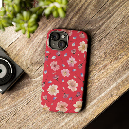 Coque Téléphone Samsung, iPhone & Google Pixel Renforcée Mate – Design Floral Fleurs de Cerisier sur Fond Rouge Féminin | Protection Antichoc | Idée Cadeau Femme