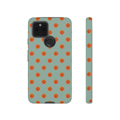 Coque Téléphone Samsung, iPhone & Google Pixel Renforcée Mate – Design Floral Epuré Fleurs de Cosmos Orange sur Fond Vert Eucalyptus | Protection Antichoc | Idée Cadeau Femme