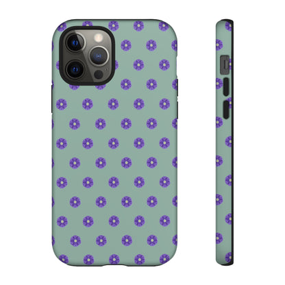Coque Téléphone Samsung, iPhone & Google Pixel Renforcée Mate – Design Floral Epuré Fleurs de Primevère sur Fond Vert Eucalyptus | Protection Antichoc | Idée Cadeau Anniverssaire