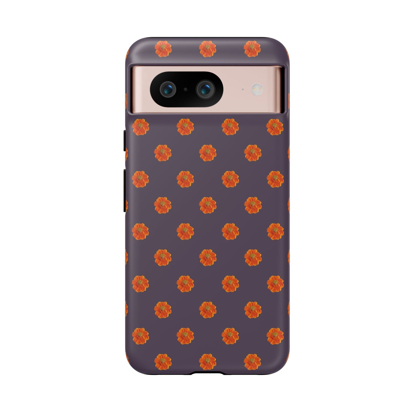 Coque Téléphone Samsung, iPhone & Google Pixel Renforcée Mate – Design Floral Epuré Fleurs de Cosmos Orange sur Fond Couleur Prune | Protection Antichoc | Idée Cadeau Femme