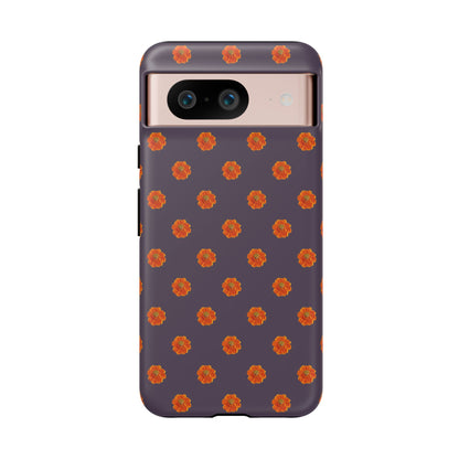 Coque Téléphone Samsung, iPhone & Google Pixel Renforcée Mate – Design Floral Epuré Fleurs de Cosmos Orange sur Fond Couleur Prune | Protection Antichoc | Idée Cadeau Femme