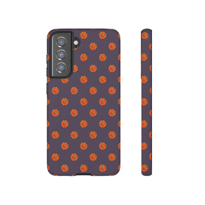 Coque Téléphone Samsung, iPhone & Google Pixel Renforcée Mate – Design Floral Epuré Fleurs de Cosmos Orange sur Fond Couleur Prune | Protection Antichoc | Idée Cadeau Femme
