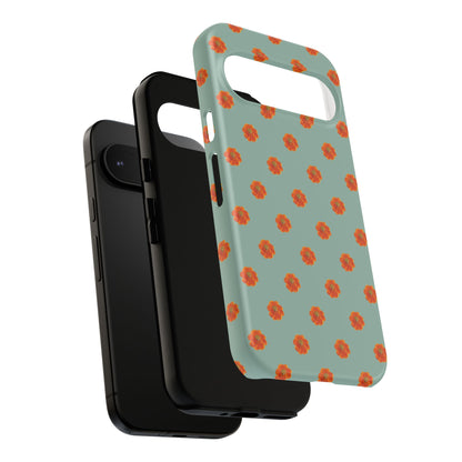 Coque Téléphone Samsung, iPhone & Google Pixel Renforcée Mate – Design Floral Epuré Fleurs de Cosmos Orange sur Fond Vert Eucalyptus | Protection Antichoc | Idée Cadeau Femme