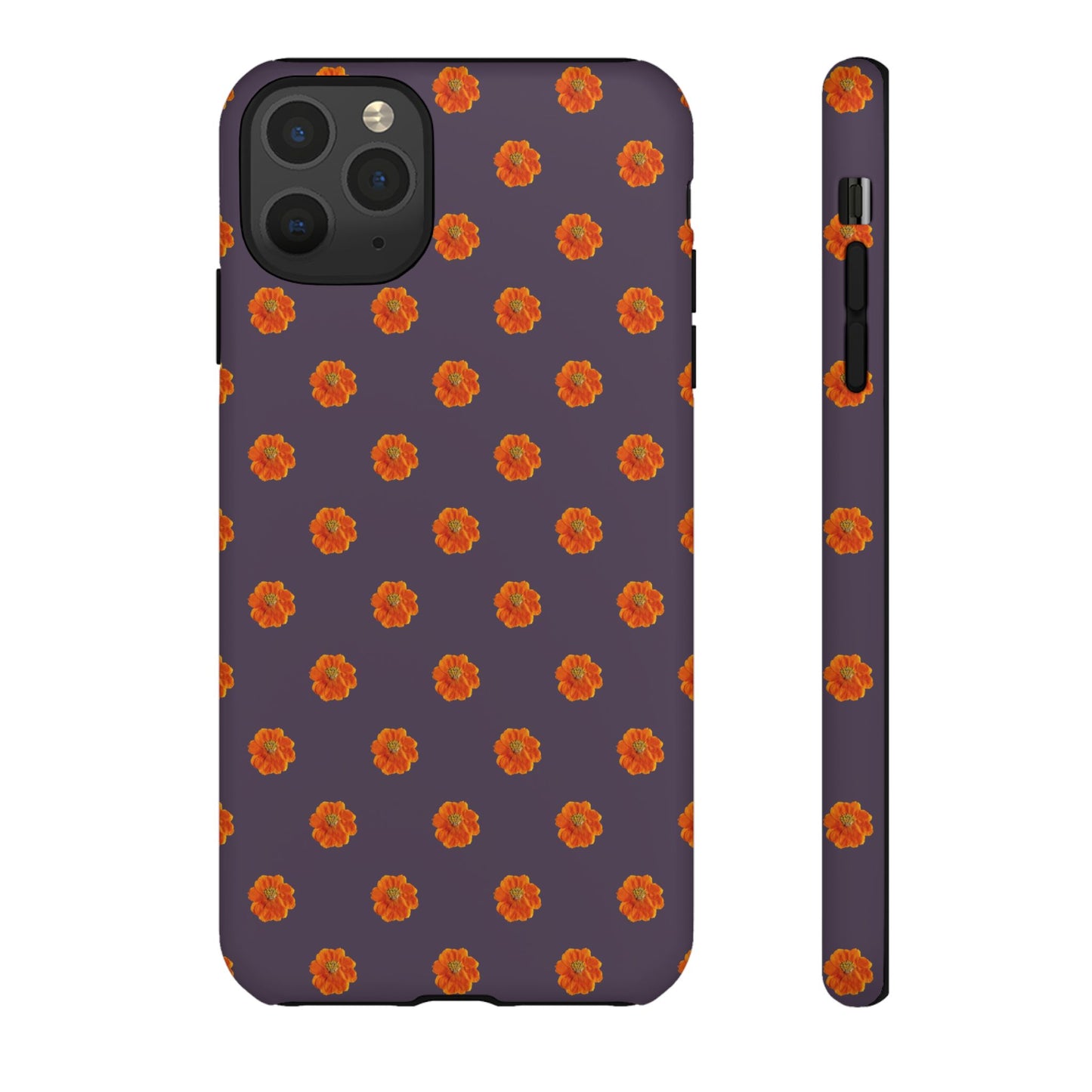 Coque Téléphone Samsung, iPhone & Google Pixel Renforcée Mate – Design Floral Epuré Fleurs de Cosmos Orange sur Fond Couleur Prune | Protection Antichoc | Idée Cadeau Femme