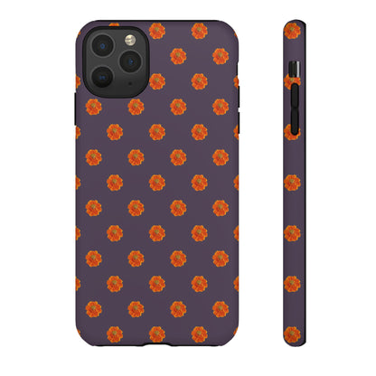 Coque Téléphone Samsung, iPhone & Google Pixel Renforcée Mate – Design Floral Epuré Fleurs de Cosmos Orange sur Fond Couleur Prune | Protection Antichoc | Idée Cadeau Femme
