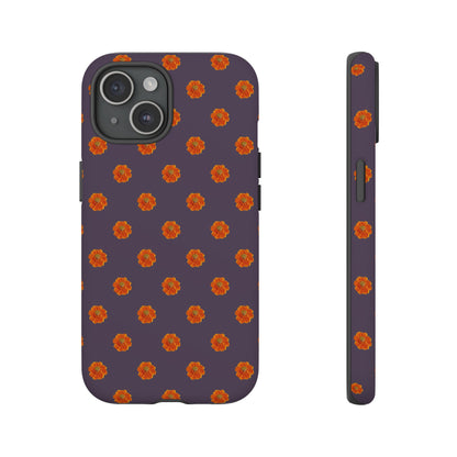 Coque Téléphone Samsung, iPhone & Google Pixel Renforcée Mate – Design Floral Epuré Fleurs de Cosmos Orange sur Fond Couleur Prune | Protection Antichoc | Idée Cadeau Femme