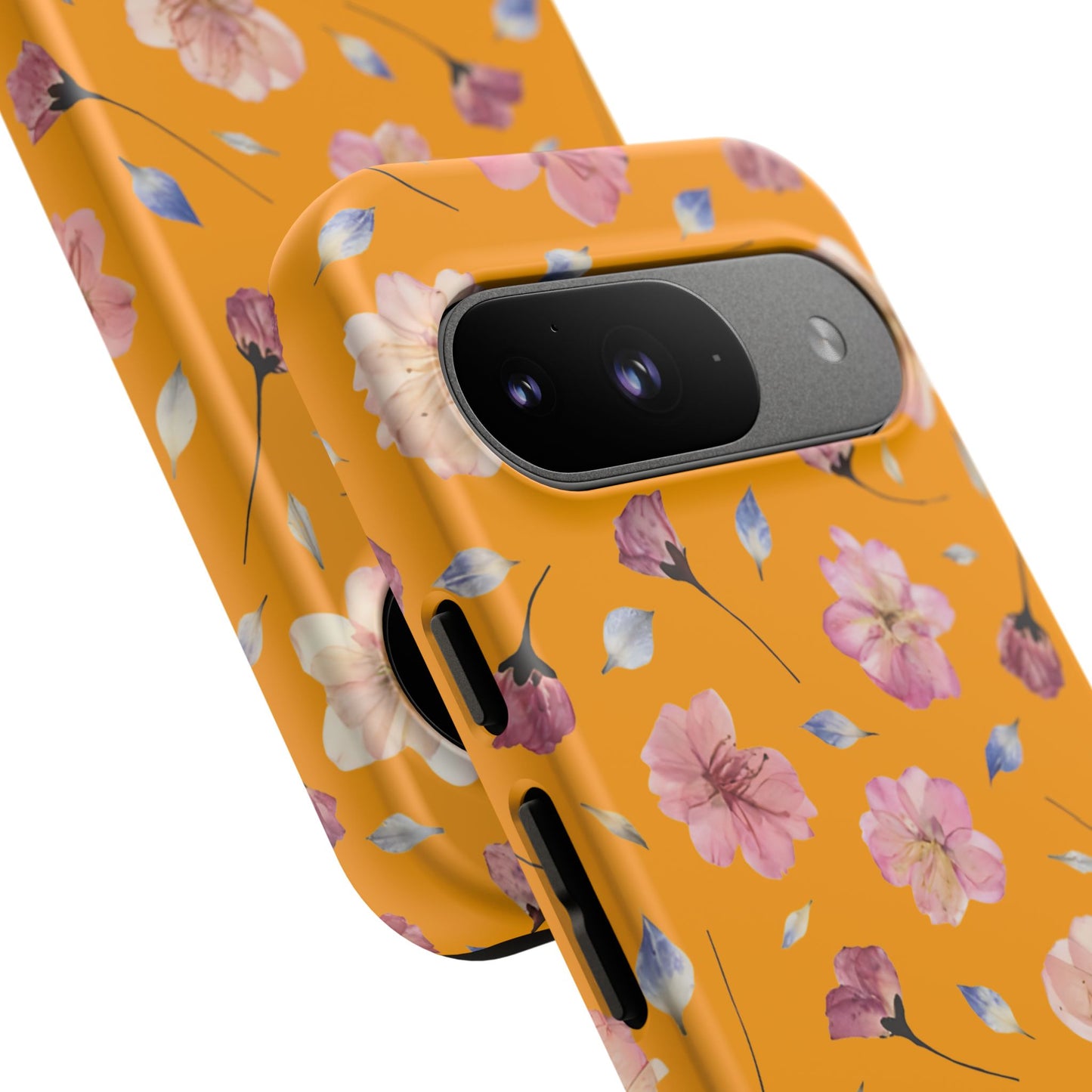 Coque Téléphone Samsung, iPhone & Google Pixel Renforcée Mate – Design Floral Fleurs de Cerisier sur Fond Couleur Curcuma| Protection Antichoc | Idée Cadeau Femme