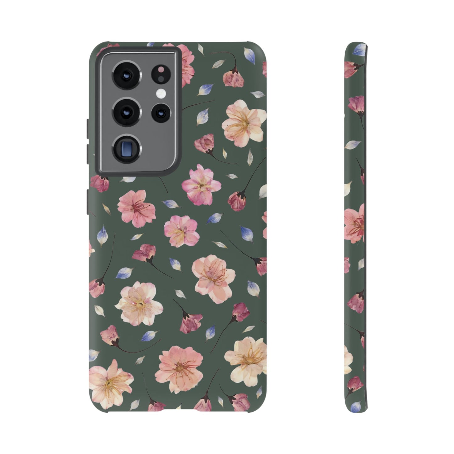 Coque Téléphone Samsung, iPhone & Google Pixel Renforcée Mate – Design Floral Fleurs de Cerisier sur Fond Verte Minéral | Protection Antichoc | Idée Cadeau Femme