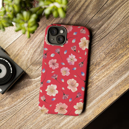 Coque Téléphone Samsung, iPhone & Google Pixel Renforcée Mate – Design Floral Fleurs de Cerisier sur Fond Rouge Féminin | Protection Antichoc | Idée Cadeau Femme