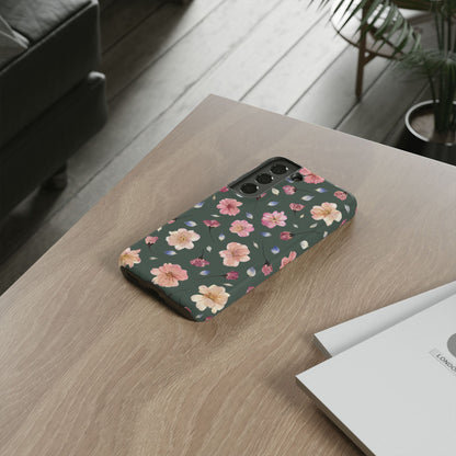 Coque Téléphone Samsung, iPhone & Google Pixel Renforcée Mate – Design Floral Fleurs de Cerisier sur Fond Verte Minéral | Protection Antichoc | Idée Cadeau Femme