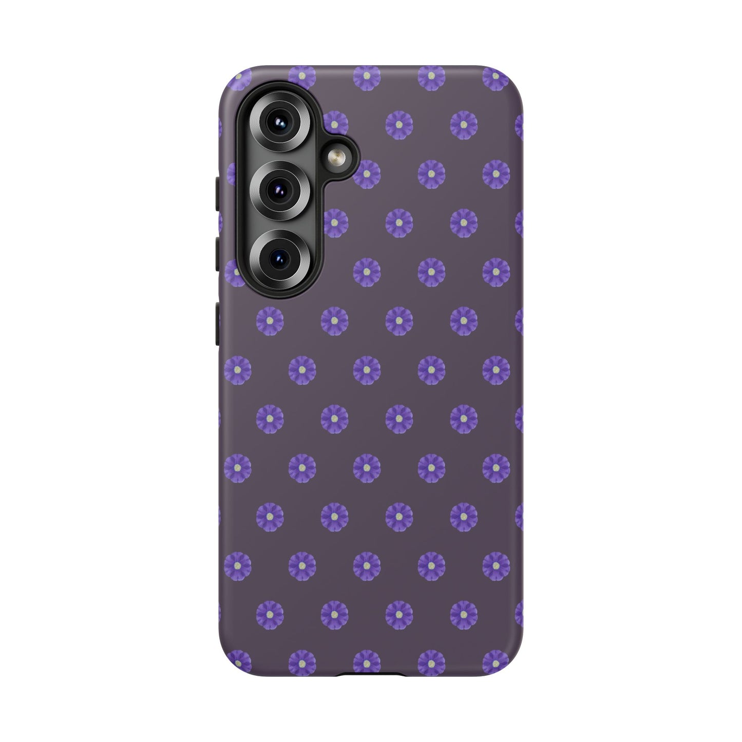 Coque Téléphone Samsung, iPhone & Google Pixel Renforcée Mate – Design Floral Epuré Fleurs de Primevère sur Fond Couleur Prune| Protection Antichoc | Idée Cadeau Femme