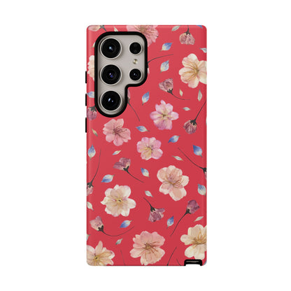 Coque Téléphone Samsung, iPhone & Google Pixel Renforcée Mate – Design Floral Fleurs de Cerisier sur Fond Rouge Féminin | Protection Antichoc | Idée Cadeau Femme
