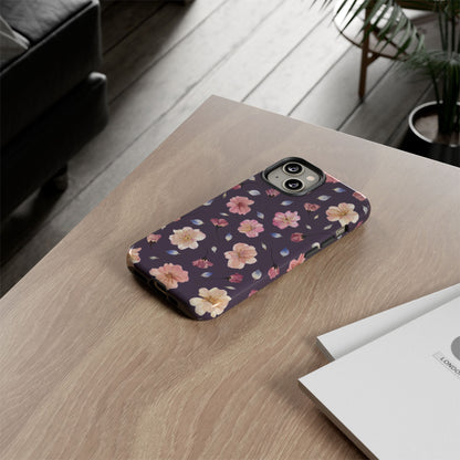 Coque Téléphone Samsung, iPhone & Google Pixel Renforcée Mate – Design Floral Fleurs de Cerisier sur Fond Couleur Prune | Protection Antichoc | Idée Cadeau Femme