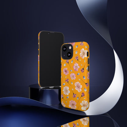 Coque Téléphone Samsung, iPhone & Google Pixel Renforcée Mate – Design Floral Fleurs de Cerisier sur Fond Couleur Curcuma| Protection Antichoc | Idée Cadeau Femme