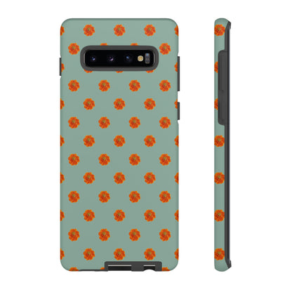Coque Téléphone Samsung, iPhone & Google Pixel Renforcée Mate – Design Floral Epuré Fleurs de Cosmos Orange sur Fond Vert Eucalyptus | Protection Antichoc | Idée Cadeau Femme