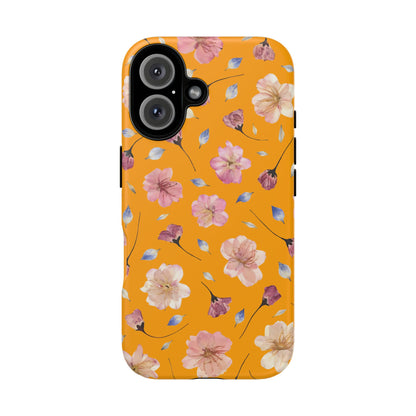 Coque Téléphone Samsung, iPhone & Google Pixel Renforcée Mate – Design Floral Fleurs de Cerisier sur Fond Couleur Curcuma| Protection Antichoc | Idée Cadeau Femme