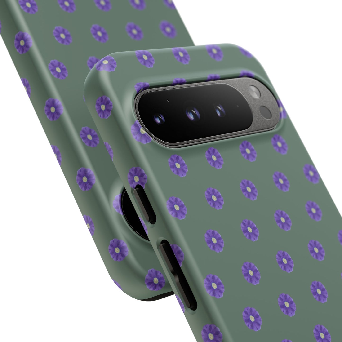 Coque Téléphone Samsung, iPhone & Google Pixel Renforcée Mate – Design Floral Epuré Fleurs de Primevère sur Fond Vert Minéral | Protection Antichoc | Idée Cadeau Femme