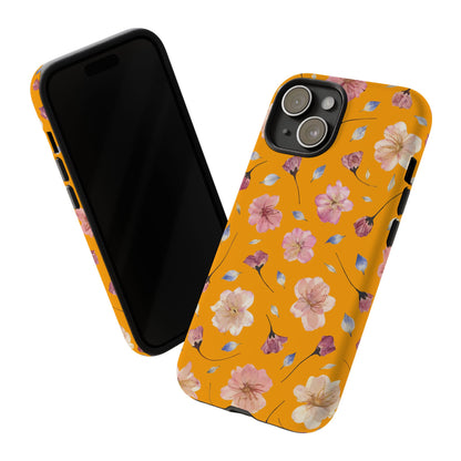 Coque Téléphone Samsung, iPhone & Google Pixel Renforcée Mate – Design Floral Fleurs de Cerisier sur Fond Couleur Curcuma| Protection Antichoc | Idée Cadeau Femme