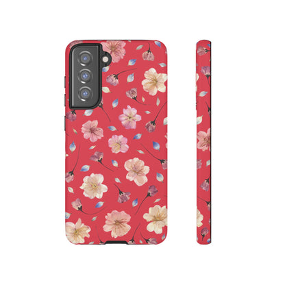 Coque Téléphone Samsung, iPhone & Google Pixel Renforcée Mate – Design Floral Fleurs de Cerisier sur Fond Rouge Féminin | Protection Antichoc | Idée Cadeau Femme